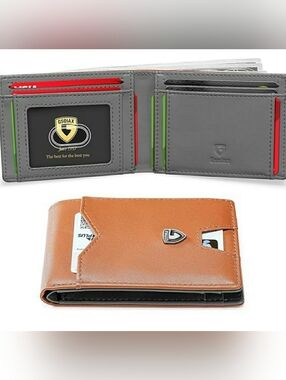 Men’s Tan and Gray Leather Bifold Wallet GSOIAX Slim Wallet RFID Blocking